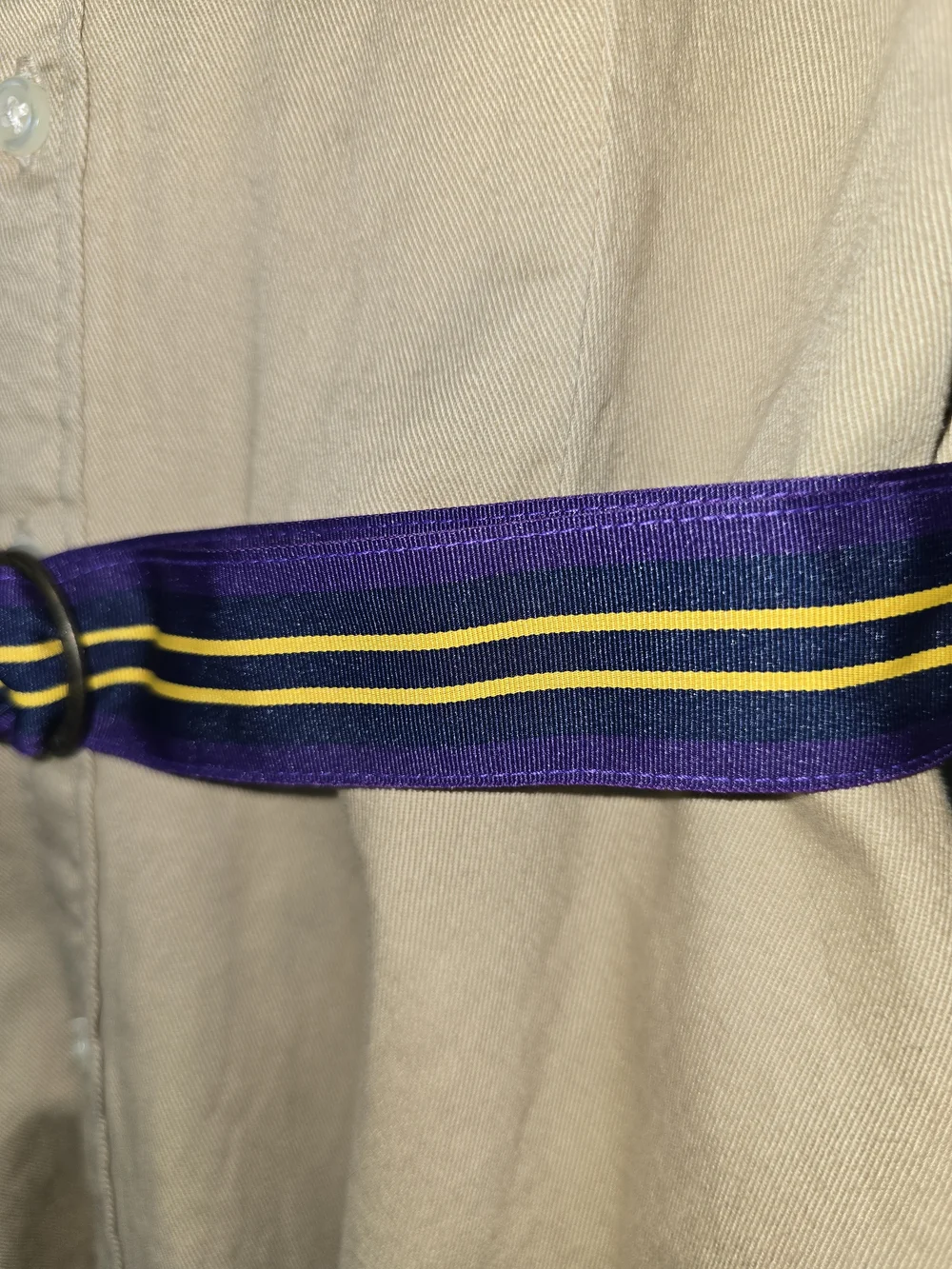 Ralph Lauren Khaki Button-Front Chino Shirt Dress with Navy+Purple & Gold Belt